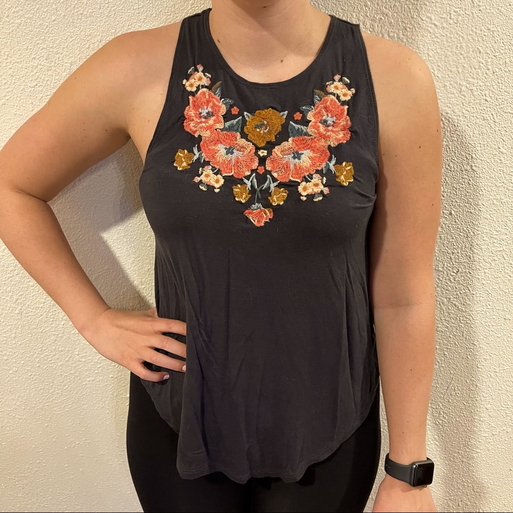 Black, Soft & Sexy Tank, American Eagle,Small, floral embroidery accent